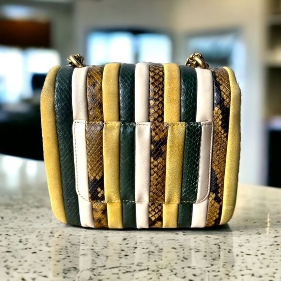 Tory Burch Striped Yellow Green Cream Snakeskin Chain Crossbody Bag - Picture 4 of 16